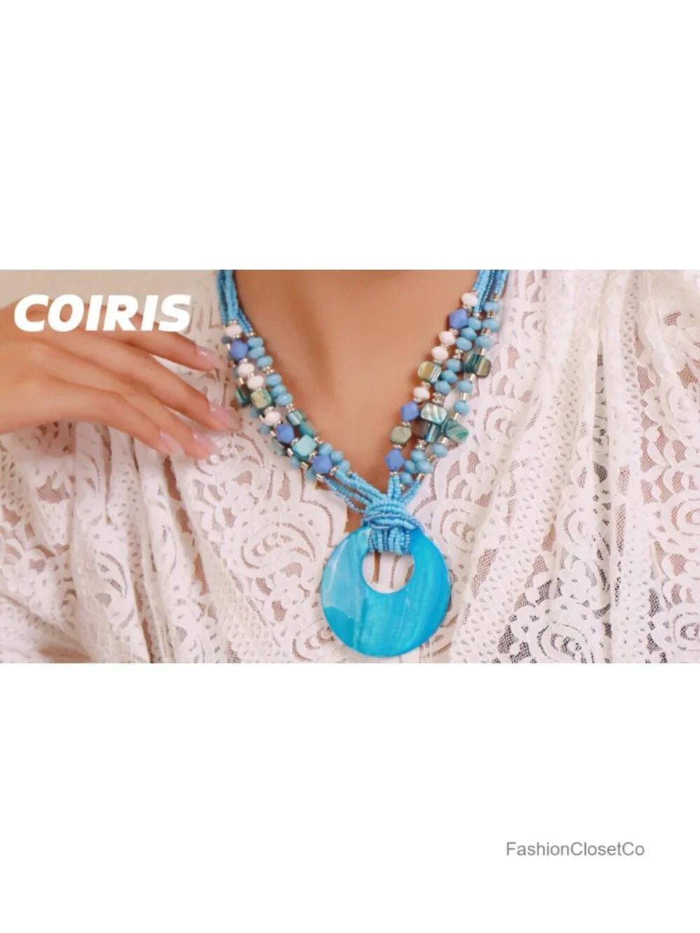 Shell Pendant Strand Necklace Boho Multi Beads Natural Stone Handmade Choker